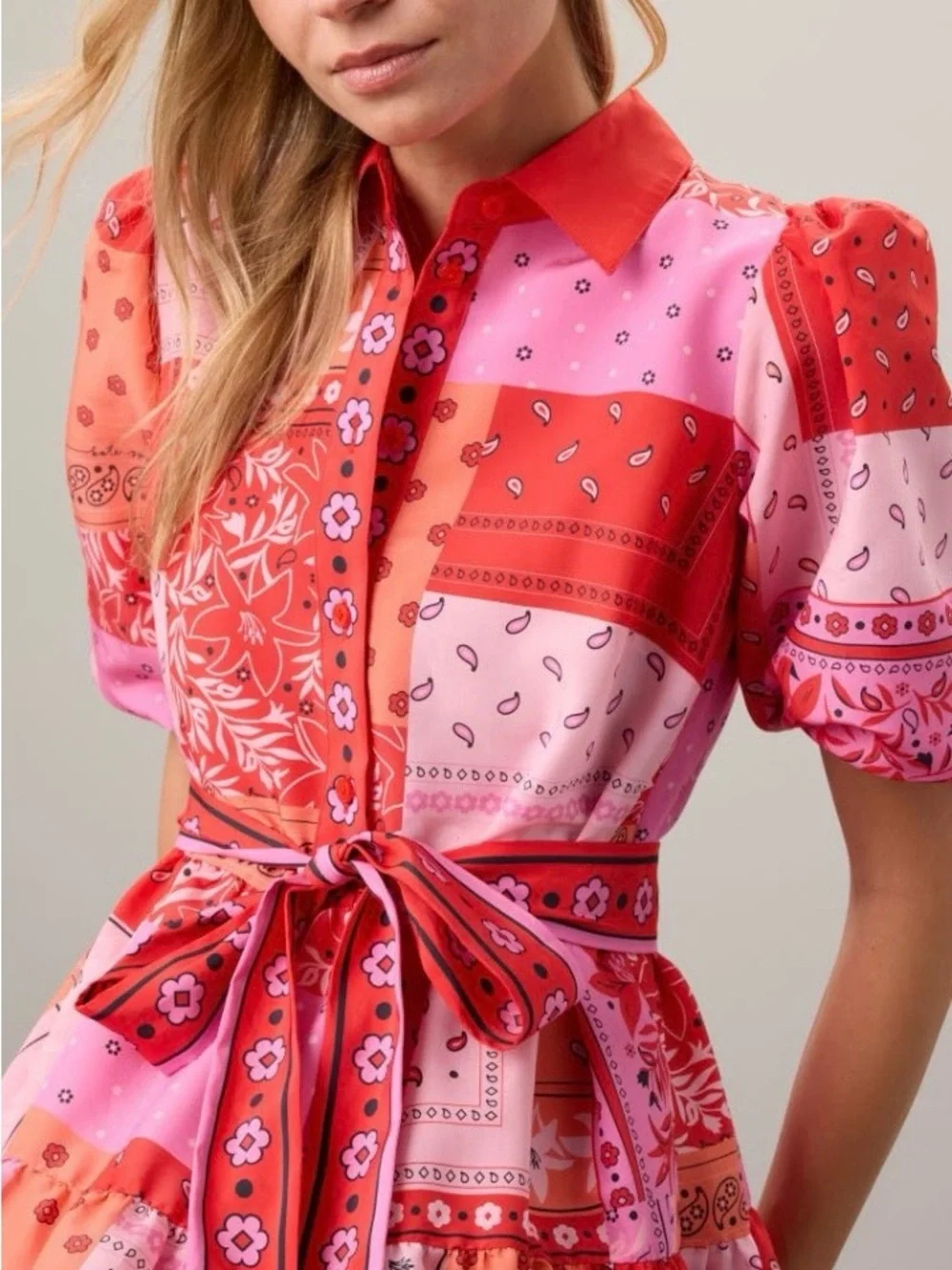 kate spade Pink and Red Patchwork Midi Dress with Waist Tie